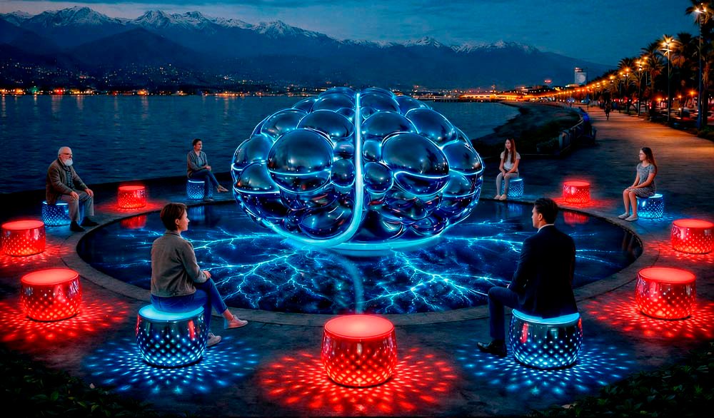 “Global Mind” installation at night — a mirrored brain sculpture illuminated in cool blue stands within a circular basin, surrounded by visitors seated on red and cyan glowing pedestals, creating a symmetrical social space against a waterfront and mountain backdrop.