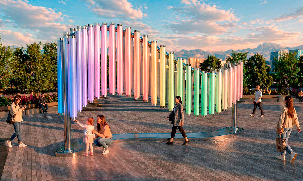Interactive light installation “Magic Streams” — a wave-like composition of vertical illuminated cylinders with smooth color gradients, mounted on a metal structure in an urban plaza; visitors interact with the installation in the evening.