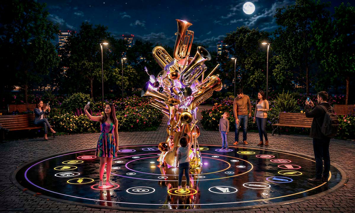 Night version of the installation “Orchestra”: an illuminated composition of wind instruments on an interactive platform with colored pictograms in an urban park.