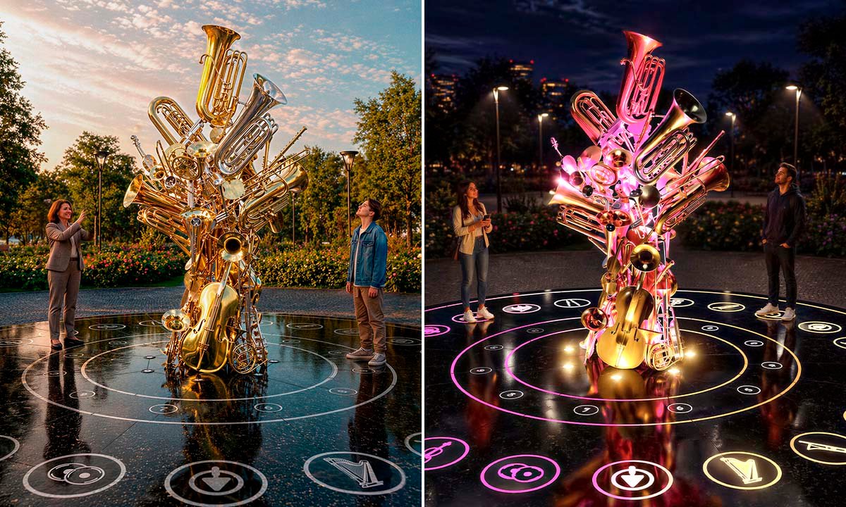 “Orchestra” installation shown in daytime and nighttime modes, featuring a brass instrument sculpture on an interactive circular platform.