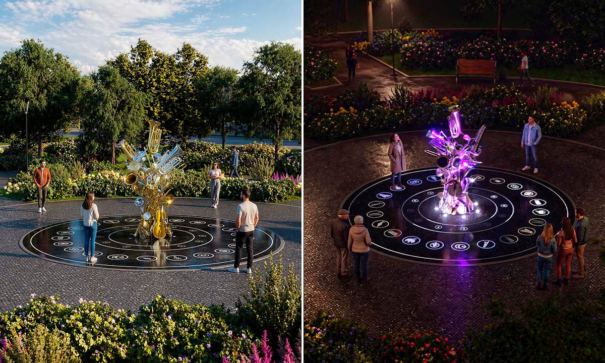Dual-mode presentation of the “Orchestra” installation, highlighting reflective surfaces by day and vibrant light effects after sunset.